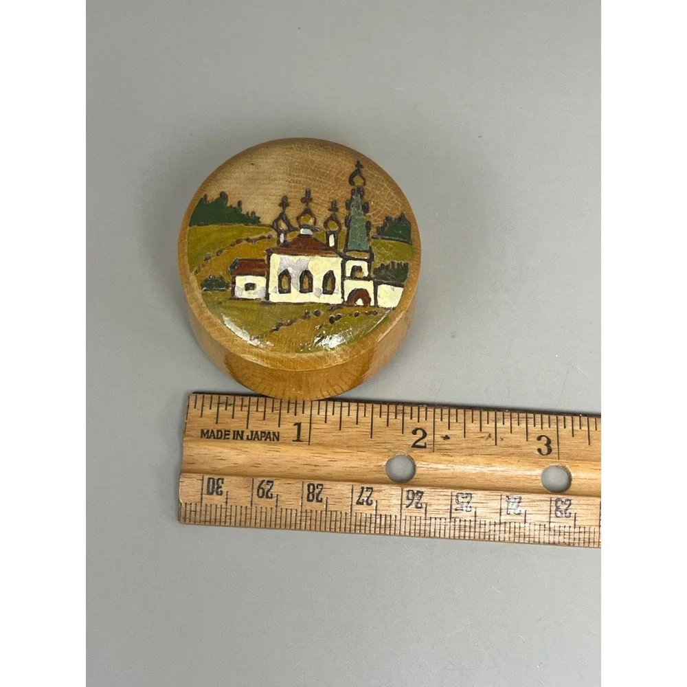 VTG USSR Wood Hand Painted Lidded Trinket Box 1.75